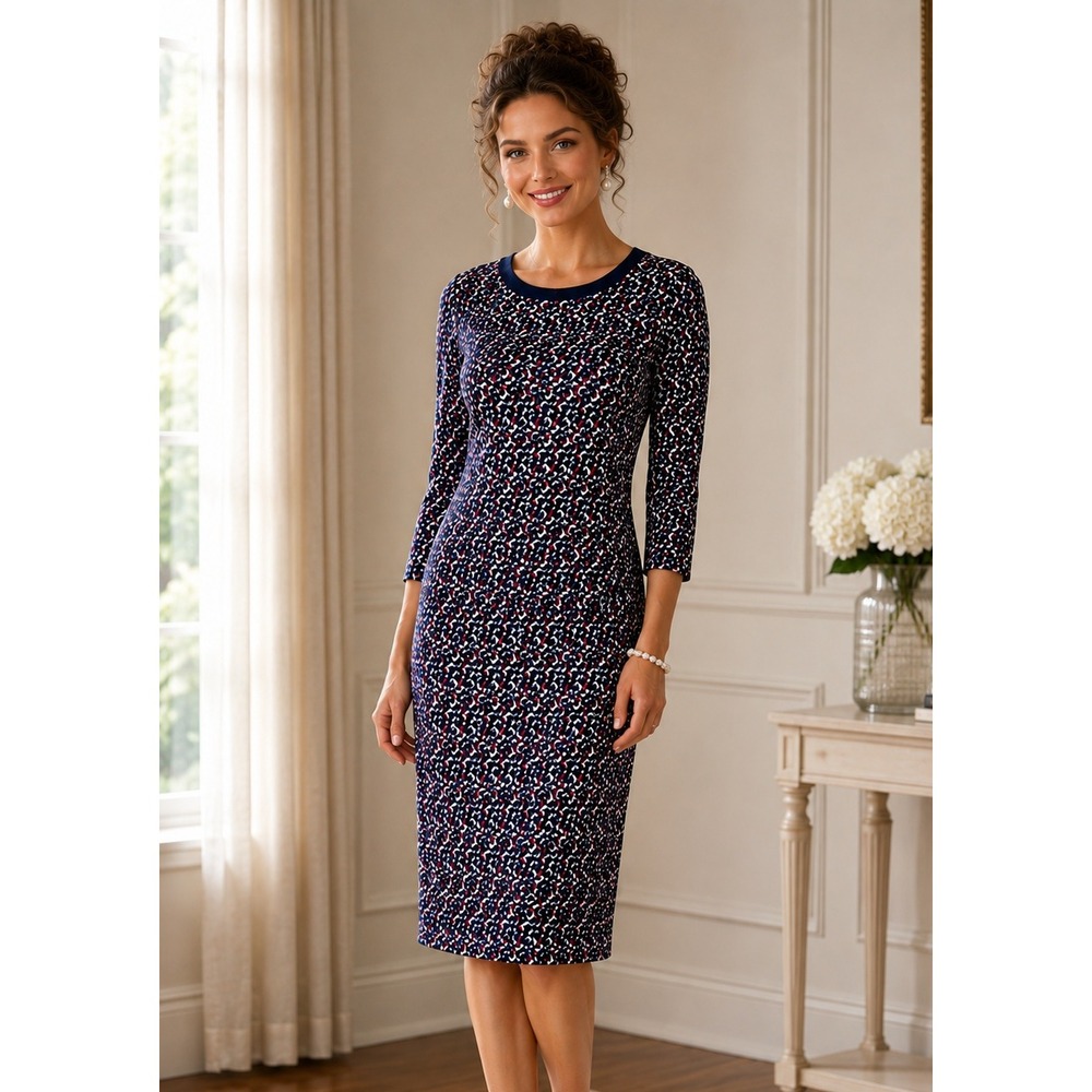 Lauren Ralph Lauren Navy Red Mosaic Long Sleeve Sheath Dress Classic Mod Large